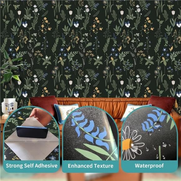 17.5 x 118" Removable Peel and Stick Wallpaper Boho Floral Wallpaper,‎ Easy Peel - Picture 4 of 6